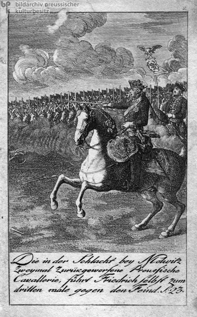 Friedrich II. („der Große”) führt die preußische Kavallerie selbst zum dritten Mal gegen den Feind in der Schlacht bei Mollwitz am 10. April 1741 (spätes 18. Jahrhundert)